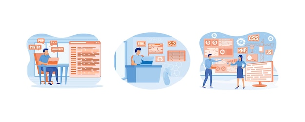 Software engineer sit in chair working on laptop use programming language code Web design and development Web development concept Set flat vector modern illustration
