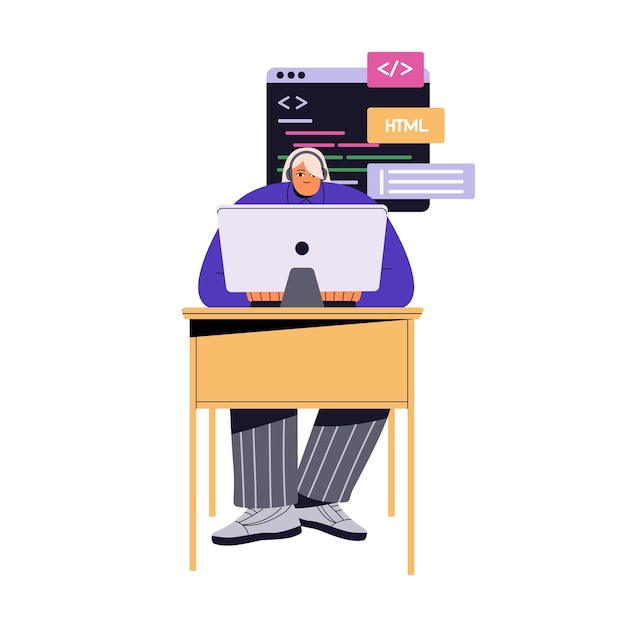 Software engineer with headphone writing code Programmer solve algorithm typing script database Coder working on computer Programming languages Flat isolated vector illustration on white