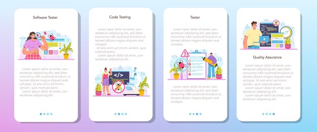 Software tester mobile application banner set. Application or website code testing. Software development and debugging. IT specialist searching for bugs. Isolated flat vector illustration