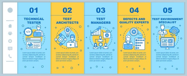 Software testers onboarding mobile web pages vector template. Analysis experts. Responsive smartphone website interface idea with linear illustrations. Webpage walkthrough step screens. Color concept