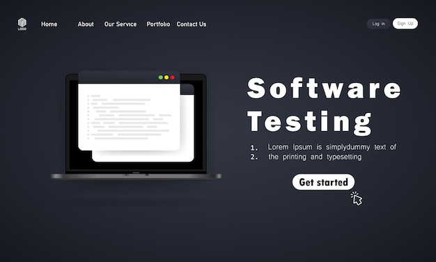 Software testing banner or development, programming, coding on laptop illustration.