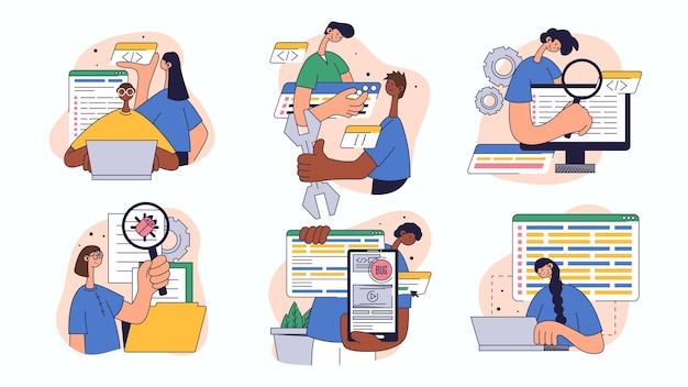 Software testing concept set for web design Collection with people programming testing code searching errors fixing bugs reporting more Flat vector illustration isolated on white background