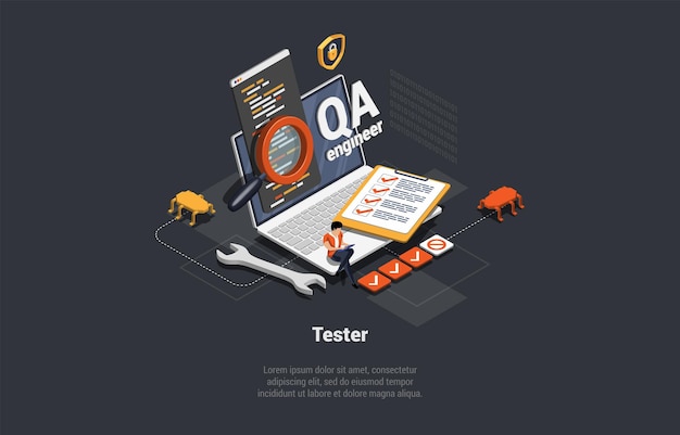 Software Testing Concept Software Tester Testing Programs Debugging And Make Functional Test Software Quality Assurance Engineering Make Tests Of Applications Isometric 3d Vector Illustration