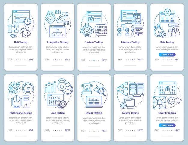 Software testing onboarding mobile app page screen vector template