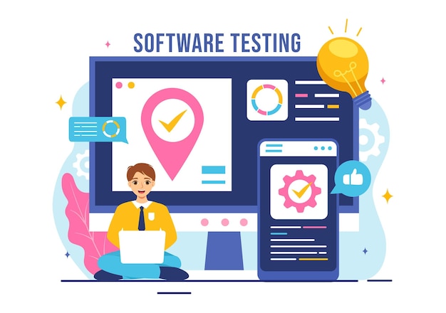 Software Testing Vector Illustration featuring Application Engineering Debugging Development Process Programming and Coding in a Flat Background