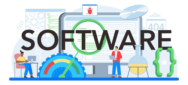 Software typographic header Idea of programming and coding system development Digital technology Software developing company writing code Isolated vector illustration