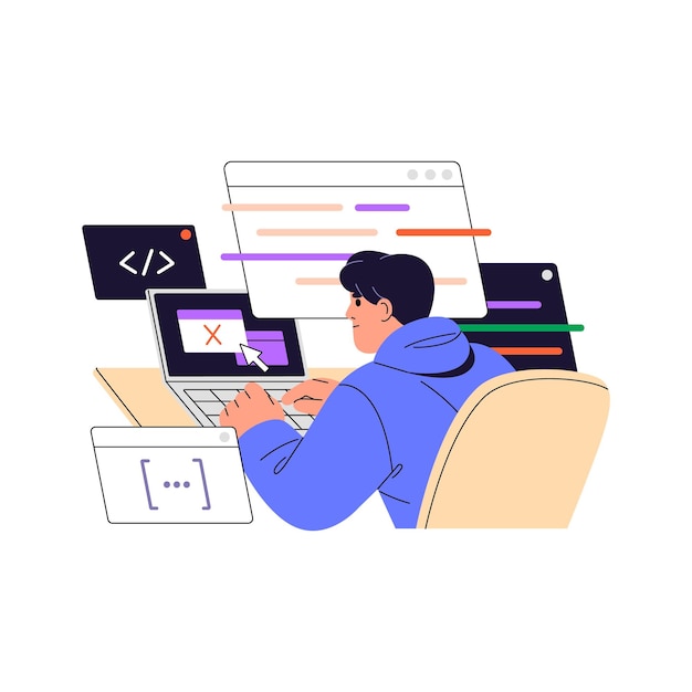 Softwareingeniør skriver kode på computer Koder programmeringsdatabase Programmør skriver script løser problemer i algoritmen Digital udvikling Flad isoleret vektor illustration på hvid