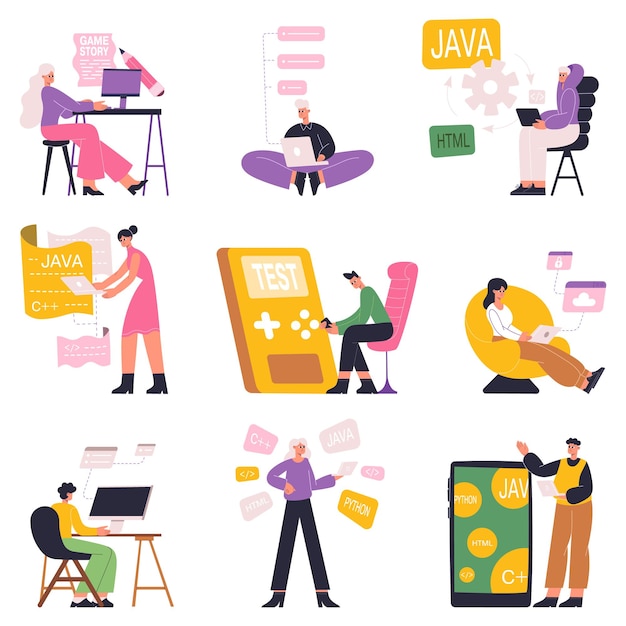 Softwareudviklere, spildesignere, javascript programmører karakterer. Webudviklere, softwareprogrammører arbejde vektorillustration sæt. Scriptforfatter karakterer. Designer udvikling og programmør