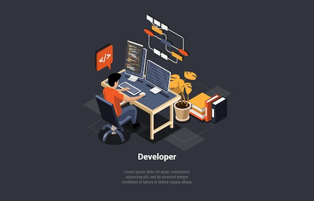 Softwareudvikling kodningsproces koncept. Programmør eller webudvikler koder på computerskærmen med kodescript og åbne vinduer. Koder-ingeniør på arbejdspladsen isometrisk 3d vektor illustration.