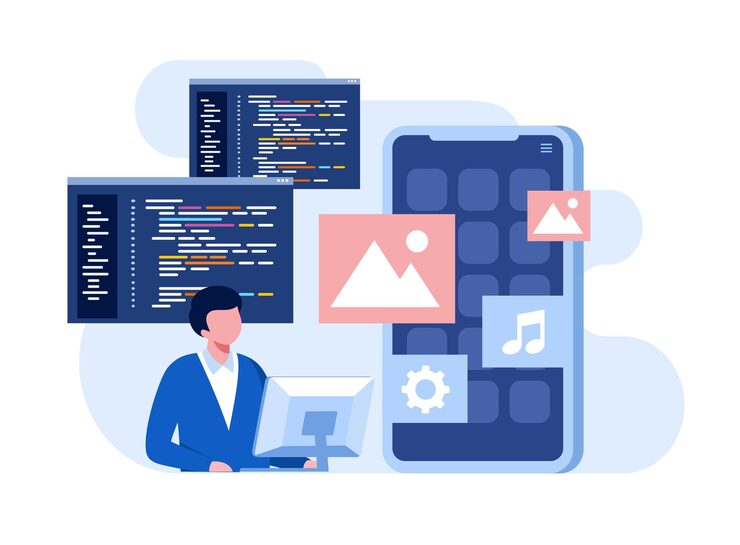 Vektor softwareudvikling webprogrammeringssprog css html it ui programmør tegneseriefigur udvikler websted kodning flad illustration banner