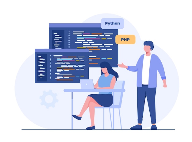 Softwareudvikling Webprogrammeringssprog css html it ui programmør tegneseriefigur udvikler websted kodning flad illustration banner
