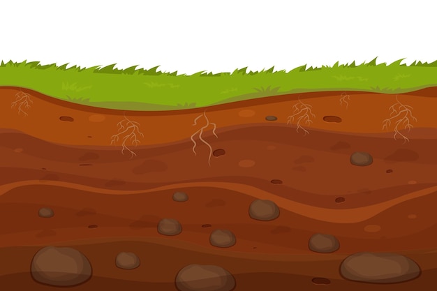 Soil ground with layers grass roots and stones earth sections in cartoon style isolated on white
