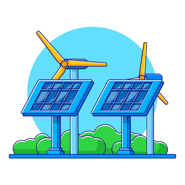 Vektör solar panels and windmill for energy in flat design illustration