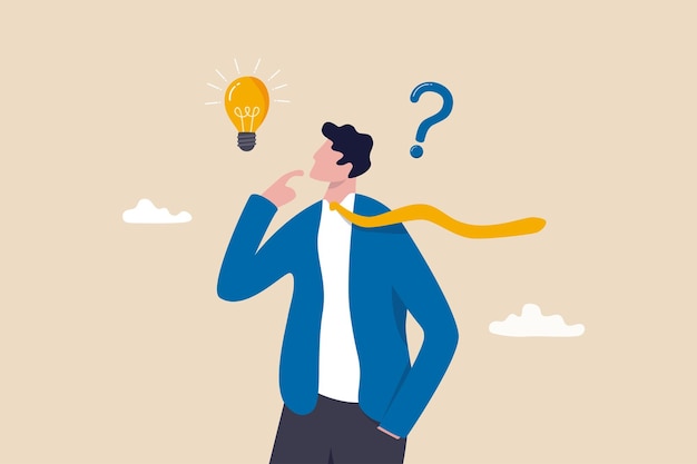Solution to solve problem asking question and answer discover idea solving business difficulty concept thoughtful businessman think of solution to solve problem with lightbulb and question mark