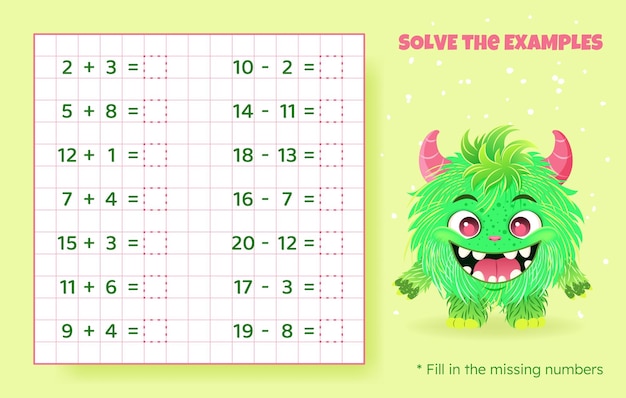 Solve the examples Addition and subtraction up to 20 Mathematical puzzle game Worksheet for kids
