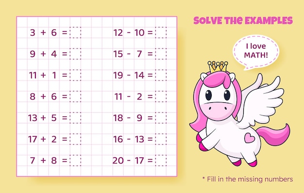 Solve the examples Addition and subtraction up to 20 Mathematical puzzle game Worksheet