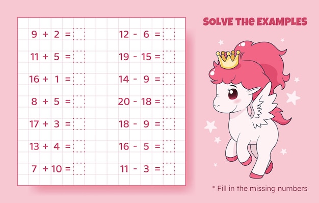 Solve the examples Addition and subtraction up to 20 Mathematical puzzle game Worksheet