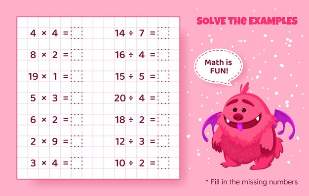 Solve the examples Multiplication and division up to 20 Mathematical puzzle game Worksheet