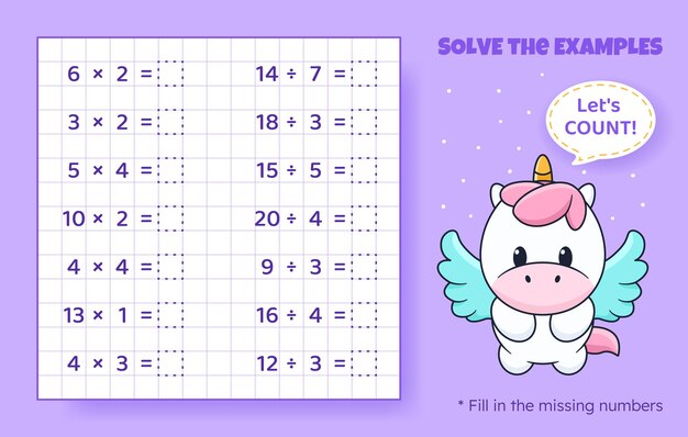 Solve the examples Multiplication and division up to 20 Mathematical puzzle game Worksheet