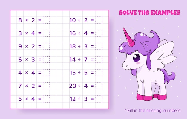 Solve the examples Multiplication and division up to 20 Mathematical puzzle game Worksheet