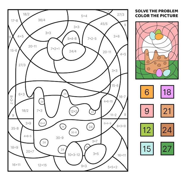 Solve the problem color the picture Easter cake and colorful eggs Coloring book Vector