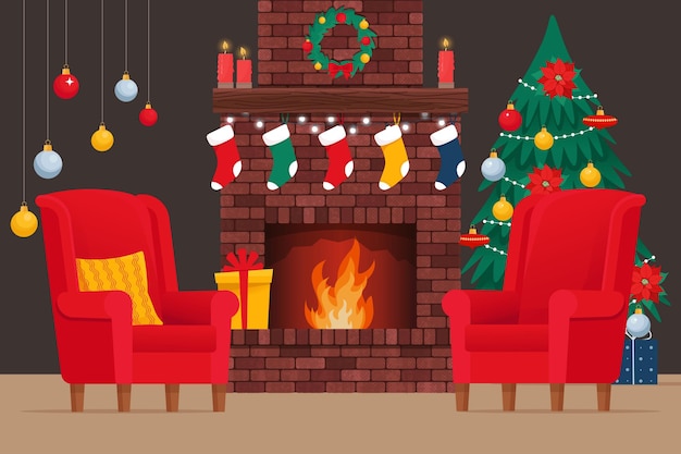 Şömineli Noel rahat iç mekanı Noel ağacı ve koltuk Düz Vektör illüstrasyonu