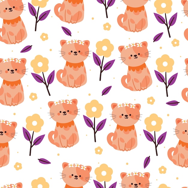 sömlöst mönster tecknad katt och blomma söt tapeter för textil presentpapper