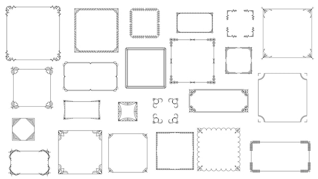 Sort simpel linje – ramme, samling, doodle, firkantet blomsterramme – elementer, vektordesignstil