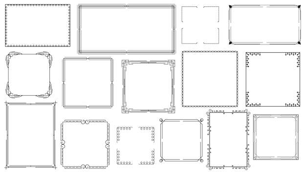 Sort simpel linje – ramme, samling, doodle, firkantet blomsterramme – elementer, vektordesignstil