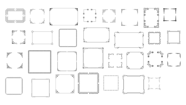 Sort simpel linje – ramme, samling, doodle, firkantet blomsterramme – elementer, vektordesignstil