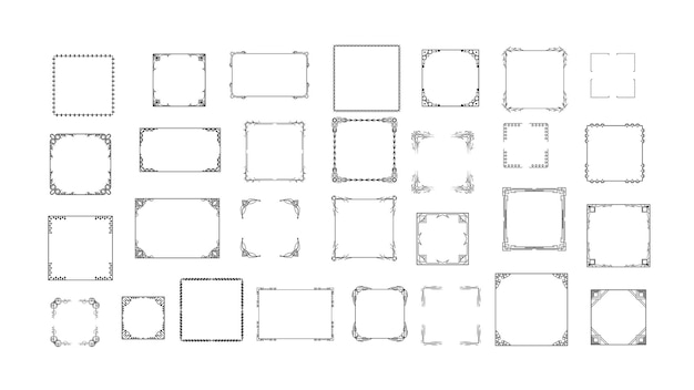 Sort simpel linje – ramme, samling, doodle, firkantet blomsterramme – elementer, vektordesignstil