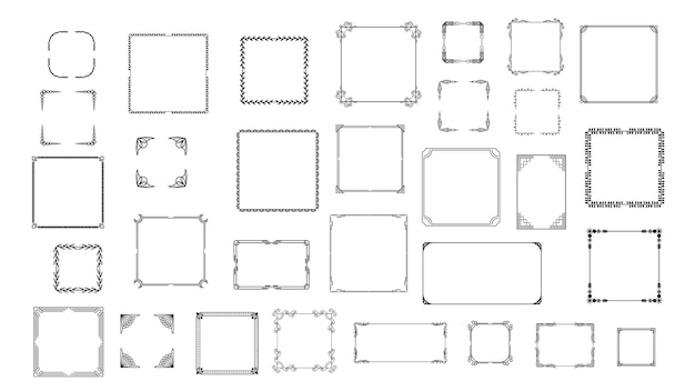Sort simpel linje – ramme, samling, doodle, firkantet blomsterramme – elementer, vektordesignstil