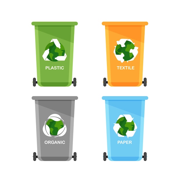 Sort your garbage Color trash cans with recycling icon Organic plastic paper textile waste Vector