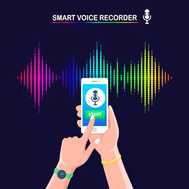 Sound audio gradient wave from equalizer. Cellphone with microphone icon on screen.