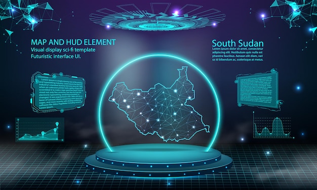 South Sudan map light connecting effect background abstract digital technology UI GUI futuristic HUD Virtual Interface with south Sudan map Stage futuristic podium in fog