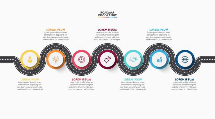 Soyut arka plan şablonu için tasarlanmış iş yol haritası zaman çizgisi infografik simgeleri