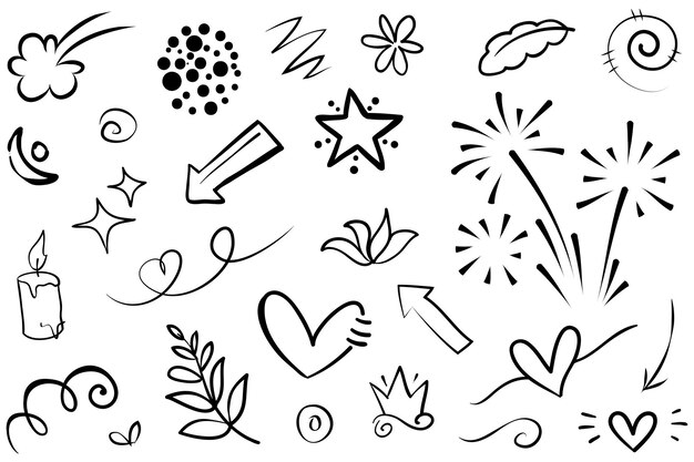 Soyut oklar, kurdeleler, taçlar, kalpler, patlamalar ve diğer öğeler, konsept design için el çizimi tarzında. Dekorasyon için Doodle illüstrasyon vektör şablonu