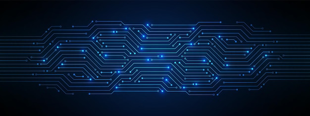 Soyut Teknoloji Arka Planı, elektrik ışıklı mikroçip güç hattıyla mavi devre kartı deseni