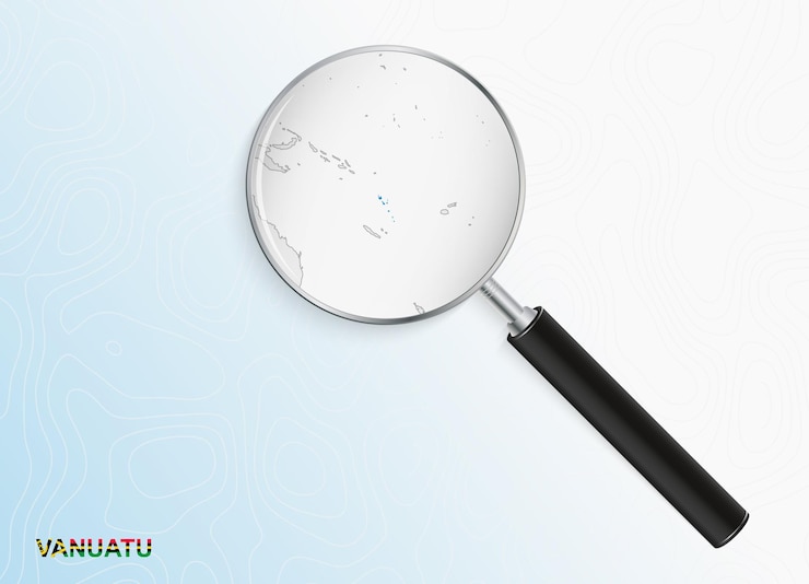 Vektör soyut topografik arka planda vanuatu haritası olan büyüteç.
