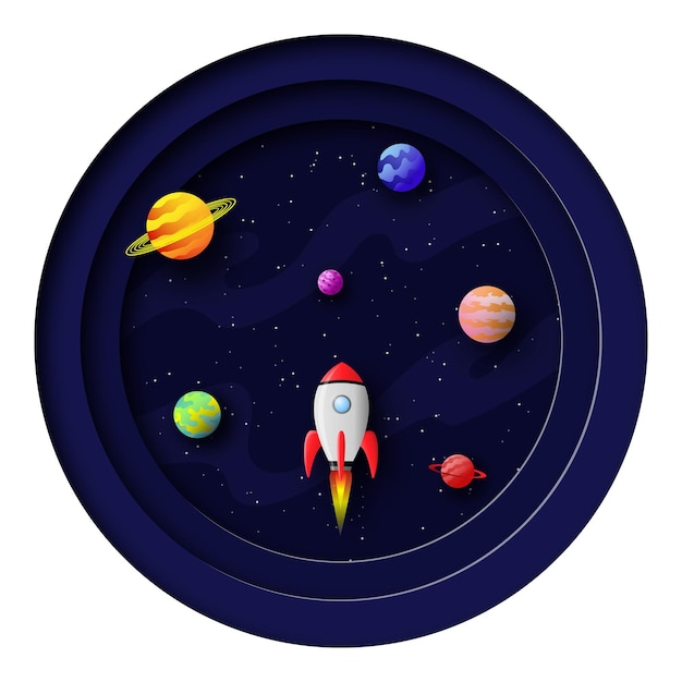 Space card in paper cut style Rocket flying in space among stars and 3d planets