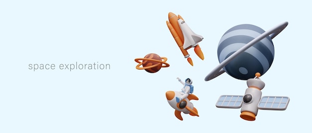 Space exploration concept Astronaut rides on rocket satellite revolves around planet