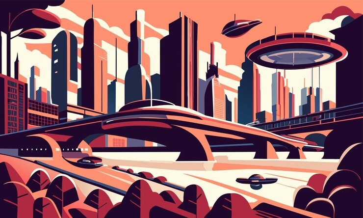 Space futuristic city on a planet with flying ships