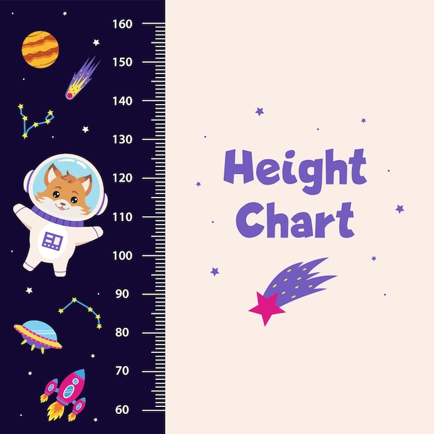 Space height chart for children with space elements and animal astronaut fox