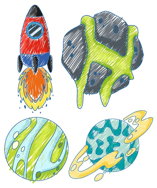 Space Objects in Pencil Colour Sketch Simple Style