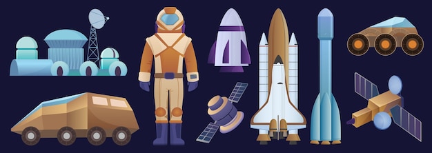 space objects set astronaut character rocket and spaceship antenna and telescope