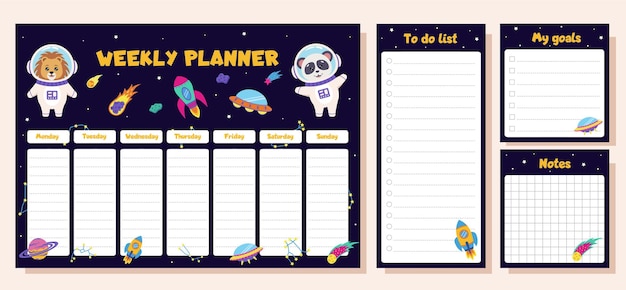 space set of weekly planner to do list goals notes set with space elements and animals astronauts