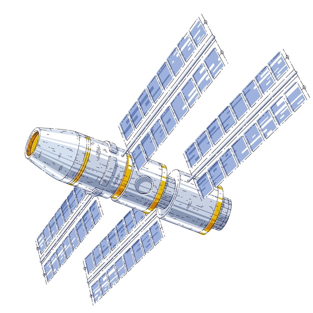 Space station iss floating in weightlessness in open space, spacecraft artificial satellite, science and technology. Thin line 3d vector illustration isolated on white background.