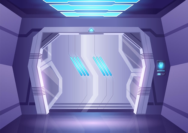 spaceship sliding door or laboratory gate closed gate with illuminated entrance frame bunker or