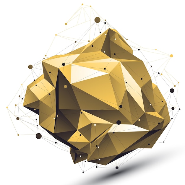 spatial technological deformed shape with wire mesh, polygonal gold cybernetic wireframe object.