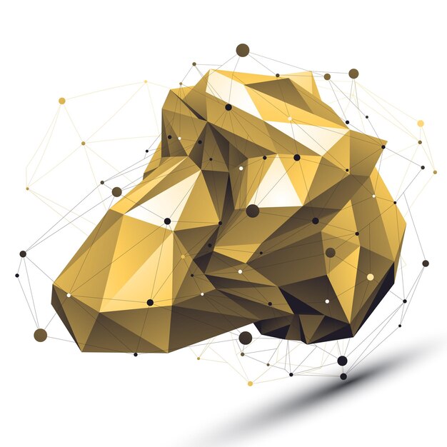 spatial technological shape with wire mesh, polygonal gold cybernetic wireframe object.